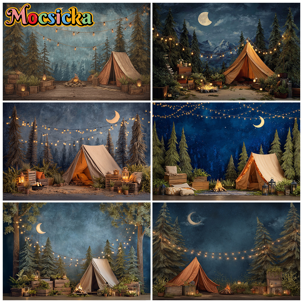 Outdoor Adventure Background - Mocsicka Night Camping Photography Backdrop Forest