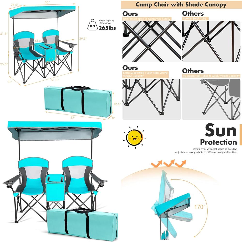 Outdoor Adventure Table With Storage - Portable Double Camping Chair with Shade,